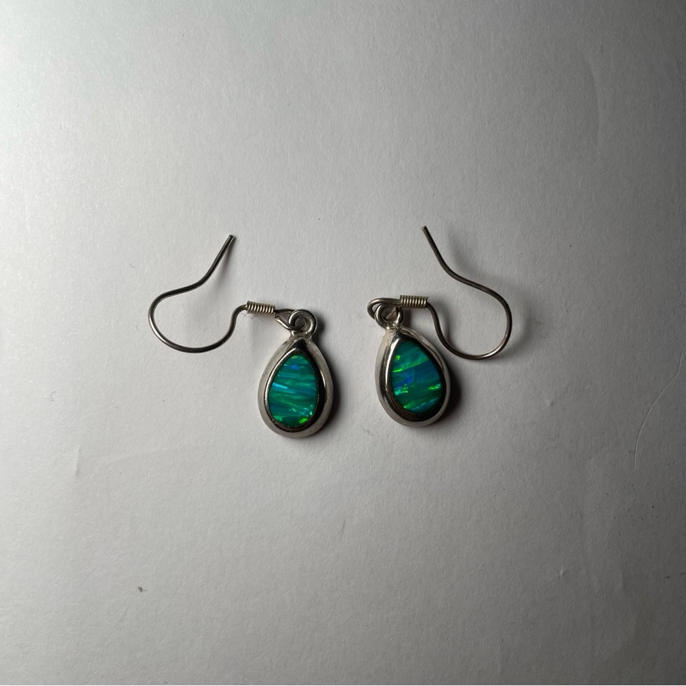 Silver and Green Teardrop Earrings with Turquoise Stones